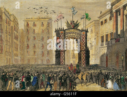 L'Espagne. La Catalogne. Barcelone. Juan Prim y Prats (1814-1870). Militaire et homme politique espagnol. Après la réception incroyable guerre Hispano-Moroccan (1859-1860) avec un arc de triomphe dans le Saint James square le 8 septembre 1860. Gravure en couleur. 19e siècle. Banque D'Images