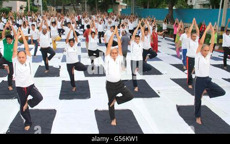 État-major de la Marine, l'amiral Sunil Lanba, centre, se joint à des centaines de marins de la marine indienne et du personnel d'une démonstration de Yoga en masse célébrer la 2ème Journée Internationale de Yoga 21 juin 2016 à New Delhi, en Inde. Banque D'Images