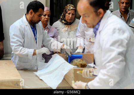 Le Caire, Égypte. 21 Juin, 2016. Antiquités égyptiennes ont inspecter un couvercle de sarcophage à son arrivée au Musée égyptien du Caire, Égypte, le 21 juin 2016. Deux anciennes sarcophage égyptien ont été livrés à la Musée égyptien du Caire après elles remontaient à une vente aux enchères en Israël. Antiquités Ministre Khaled el-Anani dit la couverture en bois colorés, décorés de hiéroglyphes et d'illustrations, ont été récupérés après qu'ils ont été mis en vente en 2012 et est retourné à la suite de la coopération entre les deux pays et d'Interpol © Amr Sayed/APA/Images/fil ZUMA Alamy Live News Banque D'Images