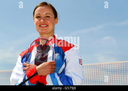 Susan Egelstaff en Grande-Bretagne est nommée membre de l'équipe de badminton du Royaume-Uni pour participer aux Jeux Olympiques de 2012 lors d'une séance photo à la Bourse de Londres. Banque D'Images