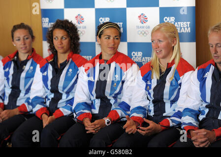 Membres de l'équipe de sprint en canoë GB (de gauche à droite) Jess Walker, Louisa Sawers, Angela Hannah et Rachel Cawthorn, qui participeront au K4 500m lors de l'annonce de l'équipe GB Canoe Sprint au Eton College Rowing Centre, à Windsor. Banque D'Images