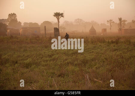 Le soleil se couche dans le village de Tengréla près de Banfora, Burkina Faso. Banque D'Images