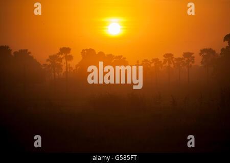 Le soleil se couche dans le village de Tengréla près de Banfora, Burkina Faso. Banque D'Images