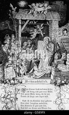 Echt deutsch und innig lieblich aber hat uns unser lieber Ludwig Richter die heilige Nacht in diesem Bilde geschildert. Tous les die lieben kleinen Englein, die Wissen und singen sie mit Inbrunst c'est pourquoi : 'Vom Himmel hoch da komm ich, ich Euch apporter son eine gute Mär'. 19e siècle, années 1910, années 1920, 20e siècle, Noël, illustration, archive, Carl Simon, histoire, historique, noir et blanc, de verre, stabel Nuit Sainte, famille, stabel, Marie, enfant, Jésus Christ, Joseph, les anges, chantant, star, Banque D'Images