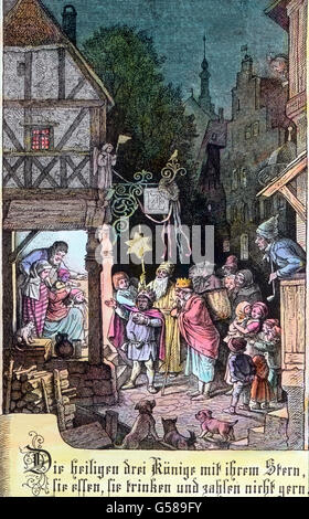 Auch die guten Weisen aus dem Morgenlande, die lieben heiligen Drei Könige, müssen sich bei manchen Scherz gefallen lassen. Sie werden ihn aber in ihrer Weisheit verzeihen, Denn sie wissen ja, dass es nicht c'gemeint ist, wenn sich die Kinder als heilige Drei Könige verkleiden und zu Epiphanias vor den Häusern singen : 'Die heiligen Drei Könige, Stern, die Essen und Trinken und zahlen nicht gern." 19e siècle, années 1910, années 1920, 20e siècle, Noël, illustration, archive, Carl Simon, histoire, historique, coloriés à la main lame en verre, genre, King, trois, enfants, chant, blague, drôle, disgu Banque D'Images