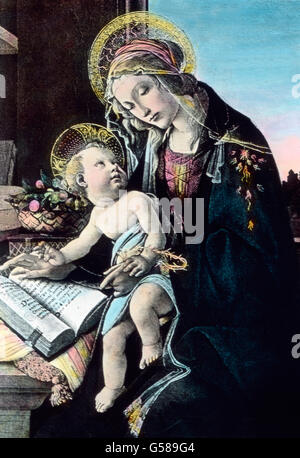Die Jungfrau mit dem Kinde im Bild, wiederzugeben dans immer neuer Auffassung, immer schöner und tiefer, heiliger als andere es vermocht habe das Glück, guerre allerhöchste großer Künstler. Botticelli zeigt uns hier en beide großer Innigkeit. Maria ist aber nicht mehr Allein die selige Mutter, Ernst ist ihr Gesicht, als sei ihre Seel von bangem Ahnen erfüllt. 19e siècle, années 1910, années 1920, 20e siècle, Noël, illustration, archive, Carl Simon, histoire, historique, coloriés à la main lame en verre, peinture, Marie, sainte, Vierge, Mère, Jésus Christ, enfant, garçon, gloriole, halo Banque D'Images