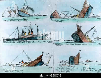 Schematische Darstellung zum Untergang der RMS Titanic am 14./15. Avril 1912 im Nordatlantik. Le voyage inaugural du Titanic Titanic, 1912, illustration de catastrophe, le naufrage du Titanic, l'histoire, historique,Carl Simon, lame de verre colorée à la main Banque D'Images