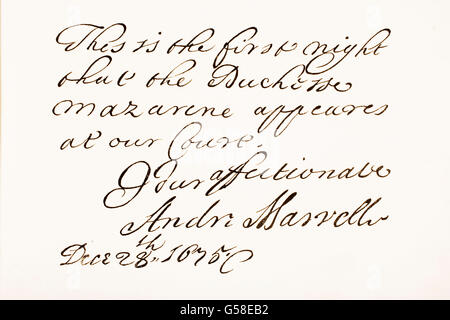 Andrew Marvell, 1621 - 1678. Poète métaphysique anglais part échantillon d'écriture. Banque D'Images