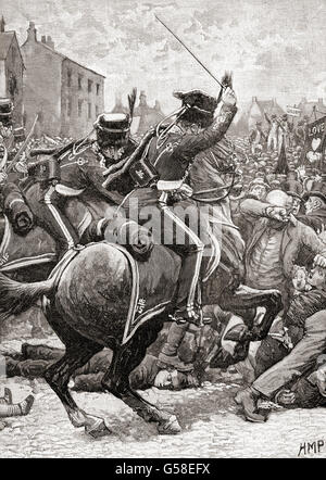 Charge de Hussards dans la foule au massacre de Peterloo, St Peter's Field, Manchester, Angleterre, 16 août 1819. Banque D'Images