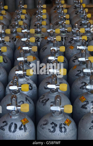 Salle pleine de bouteilles d'oxygène pour la plongée Banque D'Images