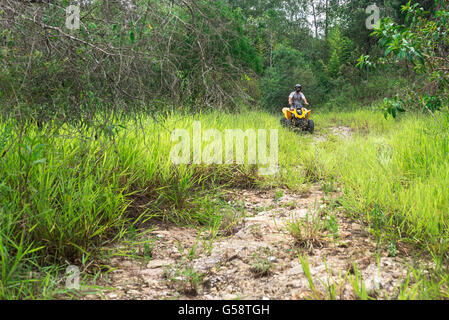 Minas Gerais, Brésil, Dec,27 - 2015 : l'homme dans la nature bénéficiant d'un off road quad véhicule en campagne. Banque D'Images