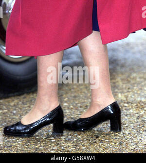 La reine Elizabeth II observe son pas à l'extérieur de l'église Saint-Pierre, Saint-Paul à West Newton, Norfolk. Un Walter Raleigh moderne n'était nulle part vu que la Reine négociait une série de mares délicates qui tentaient de garder ses chaussures noires à talons hauts. * ...tout en quittant l'église après un service. Banque D'Images