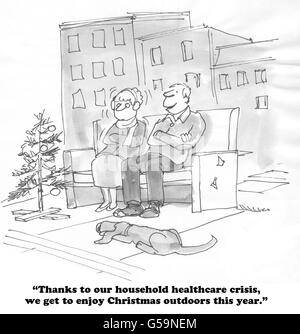 Caricature sur un couple de personnes âgées qui ont passé tout leur argent sur les soins de santé afin qu'ils sont sans abri à Noël. Banque D'Images