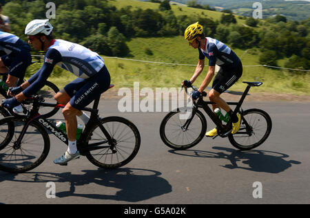 Jeux Olympiques de Londres - activité pré-Jeux - jeudi.Bradley Wiggins en Grande-Bretagne pendant la séance de formation à Box Hill à Surrey. Banque D'Images