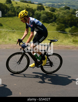 Bradley Wiggins en Grande-Bretagne pendant la séance de formation à Box Hill à Surrey. Banque D'Images