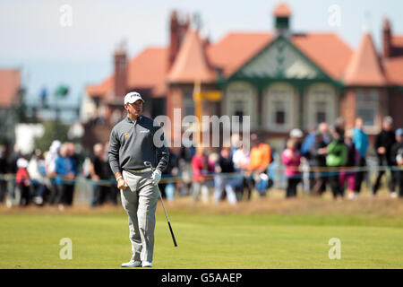 Lee Westwood, en Angleterre, lors de la quatrième journée d'entraînement pour le Championnat d'Open 2012 au Royal Lytham & St. Annes Golf Club, Lytham & St Annes. Banque D'Images