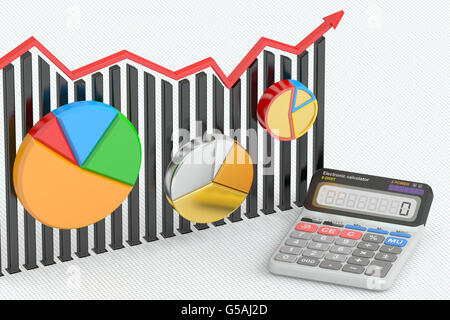 Business finance, banque et comptabilité concept, tableaux, avec calculatrice. Le rendu 3D Banque D'Images