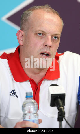 Grande-Bretagne Gym Performance Director & Head Coach Tim Jones lors de la conférence de presse au centre de presse principal du Parc olympique de Londres. Banque D'Images