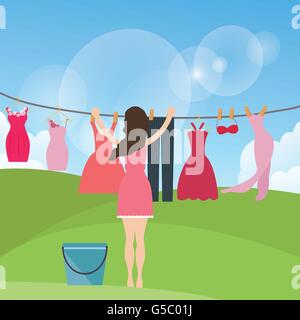 Femme femme maman de séchage du linge accroché à la corde sous le soleil piscine Illustration de Vecteur