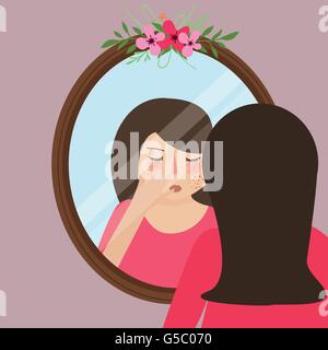 Les filles avec l'acné pimple à miroir en face de la peau problème Illustration de Vecteur