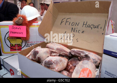 Une exposition humoristique d'agneau néo-zélandais par Vernon Fisher de M&L Meats lors d'une visite du chef du Parti conservateur William Hague et de sa femme Ffion au Smithfield Market, Londres. * M. Hague, qui a donné le coup d'envoi de sa campagne du dernier jour avant l'élection générale de demain en prenant le petit déjeuner avec des commerçants de viande, a déclaré que l'avenir de la campagne et de l'industrie alimentaire de la Grande-Bretagne était en jeu. Banque D'Images