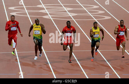 Jeux Olympiques de Londres - jour 9.Le Bolt Usain de la Jamaïque remporte la finale masculine de 100m le neuvième jour des Jeux Olympiques au stade olympique de Londres. Banque D'Images