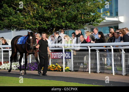 Les amateurs de course regardent tandis que les chevaux sont marchés autour de l'anneau de parade à l'hippodrome d'Epsom Downs Banque D'Images