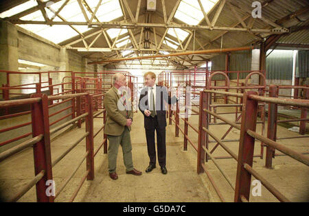 Le chef du parti libéral démocrate, Charles Kennedy (à gauche) et l'agriculteur locataire local, Noal Cartwright, traversent un marché vide du bétail à Hatherleigh, dans l'ouest du Devon, à l'approche des élections générales de juin 7. * M. Kennedy a attaqué le manifeste du Labour 'bog standard' et a marqué les plans des Tories 'plein de trous' comme il a dévoilé un ensemble de mesures pour aider les agriculteurs assiégés de Grande-Bretagne, y compris un fonds d'indemnisation d'urgence de 100 millions. Banque D'Images