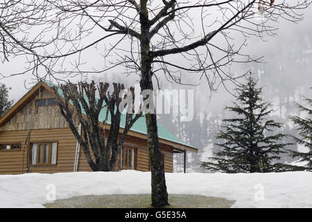 Maisons et routes recouvertes de neige de Gulmarg, Jammu-et-Cachemire, en Inde. Banque D'Images