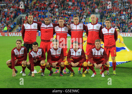 (Ligne supérieure de gauche à droite) Boaz Myhill, Ashley Williams, Darcy Blake, Steve Morison, James Collins, Adam Matthews. (Rangée inférieure gauche à droite) David Edwards, Gareth Bale, Aaron Ramsey, Chris Gunter, Simon Church Banque D'Images