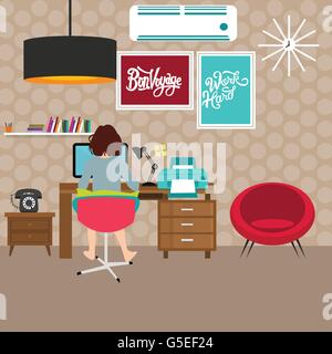 Freelancer fille femme travaillant sur l'espace de travail accueil wall wit h poster table en face d'ordinateur Illustration de Vecteur