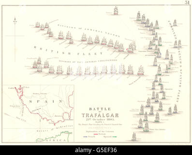 Bataille de Trafalgar : 21 octobre 1805 - Fiche 1. L'Espagne, 1848 carte antique Banque D'Images