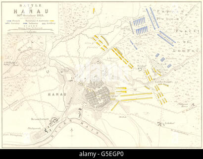 Bataille de Hanau : 30 octobre 1813. L'Allemagne. Guerres napoléoniennes, 1848 carte antique Banque D'Images