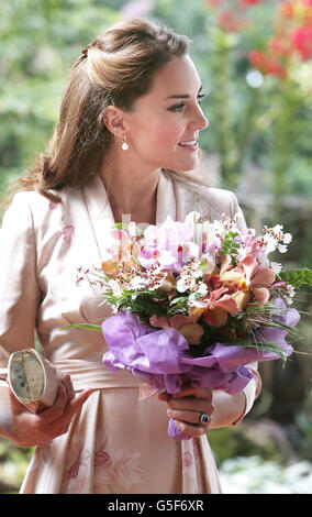 La duchesse de Cambridge assiste à une cérémonie de désignation des orchidées lors du premier engagement à Singapour, dans le cadre d'une visite de neuf jours de l'extrême-Orient et du Pacifique Sud, avec le duc de Cambridge, en l'honneur du Jubilé de diamant de la Reine. Banque D'Images