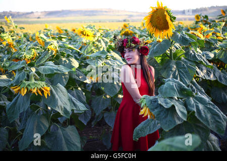 Preteen avec couronne dans un champ de tournesols Banque D'Images