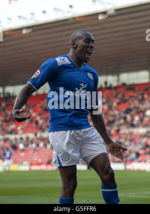 Football - npower football League Championship - Middlesbrough v Leicester - Riverside Stadium.Lloyd Dyer, de Leicester City, célèbre le deuxième but du match Banque D'Images