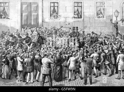 Bismarck, Otto von, 1.4.1815 - 30.7.1898, homme politique allemand, chancelier de l'Empire allemand 4.5.1871 - 20.3.1890, de quitter Berlin avec son fils Herbert, 20.3.1890, gravure sur bois après tirage par E. Buffetti, 'Die Gartenlaube', 1890, l'artiste n'a pas d'auteur pour être effacé Banque D'Images