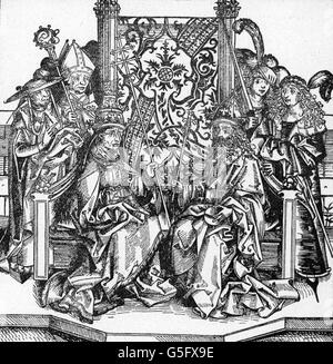 Frederick III "la paix", 21.9.1415 - 19.8.1493, Saint Empereur romain 16.3.1452 - 19.8.1493, pleine longueur, avec le Pape Pie II, gravure sur bois par Michael Wolgemut ou Wilhelm Pleydenwurff pour la chronique de Hartmann Schedel, Nuremberg, 1493, copyright de l'artiste n'a pas à être effacée Banque D'Images