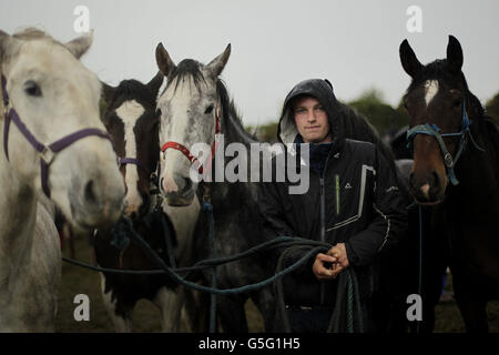 Danny Farrell de Galway attend de vendre ses chevaux à la Ballinasloe Horse Fair à Co. Galway, en Irlande. Banque D'Images