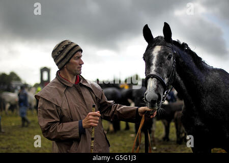 Sean O'Neill attend de vendre son cheval sur le champ d'exposition à la Ballinasloe Horse Fair à Co. Galway, en Irlande. Banque D'Images