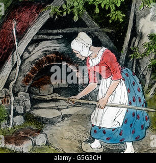 Frau Holle. Mère Hulda. histoire, historique, années 10, 20, 20e siècle, archive, Carl Simon, coloriés à la main lame en verre, conte de fées, frères Grimm, légende, mythe, girl, la cuisson, le pain, four, Banque D'Images