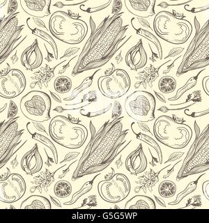 Texture végétarien sans couture avec une cuisine mexicaine peinte à la main des légumes et épices Illustration de Vecteur