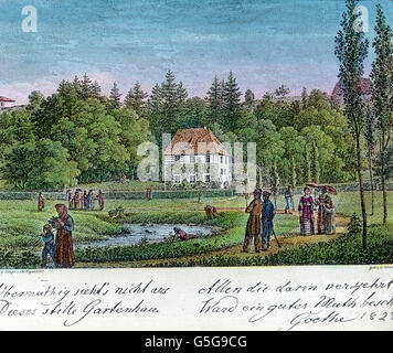 Zu Goethes Gartenhaus Zeit. La maison d'été à Weimar à l'époque de Goethe. chambre, plaine, arbres, jardin, Pacifique, Europe, Allemagne, histoire, historique, années 10, 20, 20e siècle, archive, Carl Simon, de l'immobilier Banque D'Images