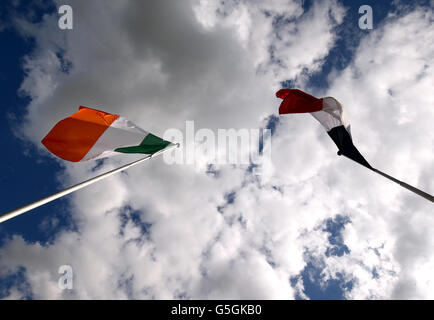 Le drapeau irlandais vole aux côtés des drapeaux français et européens à l'extérieur de l'hôtel de ville de Versailles alors que la ville hôte de la République d'Irlande au cours de l'équipe de football 2016 Championnat d'Europe en France. Banque D'Images
