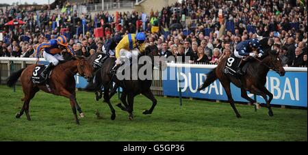 L'insouciant abandon (à droite), monté par Gerald Mosse, remporte les parts de vision.ae Middle Park devant Moohaajim (au centre) monté par Adam Kirby en deuxième et Gale Force Ten (à gauche) monté par Colm O'Donoghue en troisième lors de la future Champions Day de Dubaï à Newmarket Racecourse, Newmarket. Banque D'Images