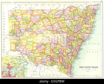 Nouvelle Galles du Sud : Carte montrant l'État comtés ; carte grande échelle de Sydney. L'Australie 1909 Banque D'Images