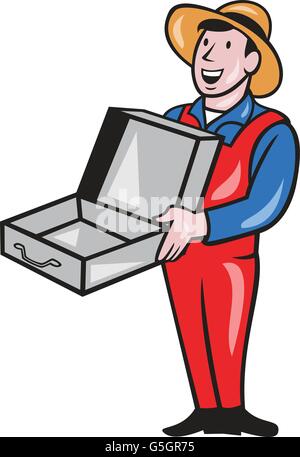 Illustration d'un homme portant un chapeau et un classement global smiling holding an empty set valise ouverte à l'intérieur du cercle sur backgroun isolés fait en style cartoon. Illustration de Vecteur