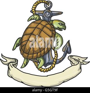 Style croquis dessin illustration d'une tortue de Kemp Lepidochelys kempii tortue de mer ou l'escalade sur le bateau ancre avec corde vue Illustration de Vecteur