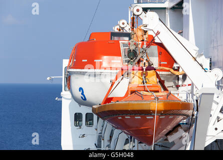 Fermer la vue d'un bateau de sauvetage et un canot de pendaison sur un côté d'un bateau de croisière. Banque D'Images