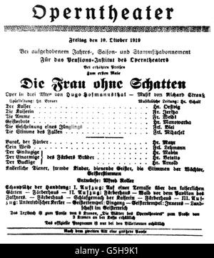 Strauss, Richard, 11.6.1864 - 8.9.1949, compositeur et chef d'orchestre allemand, œuvres, opéra 'nie Frau ohne Schatten' ('La Femme sans ombre'), opus 65, Playbill à la première mondiale, Vienne, 10.10.1919, Banque D'Images